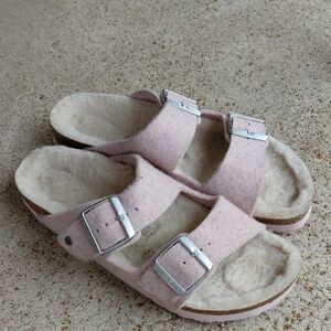 Birkenstock Pink Fleece Sandals with Silver Buckles